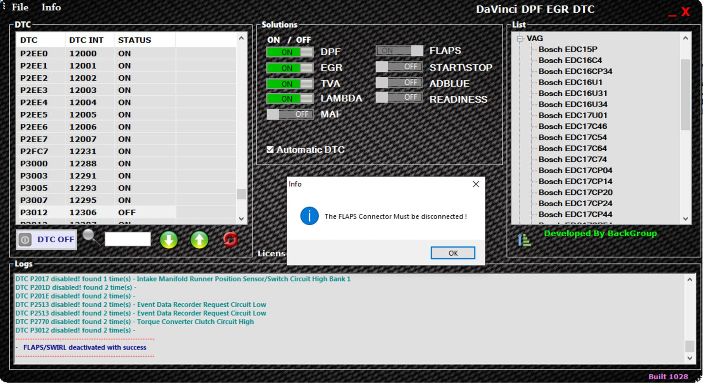 Davinci V1.0.28 Chiptuning Professionals And Remapping Specialists Software Removal Fap Egr Dtc Intake Flaps And Adblue