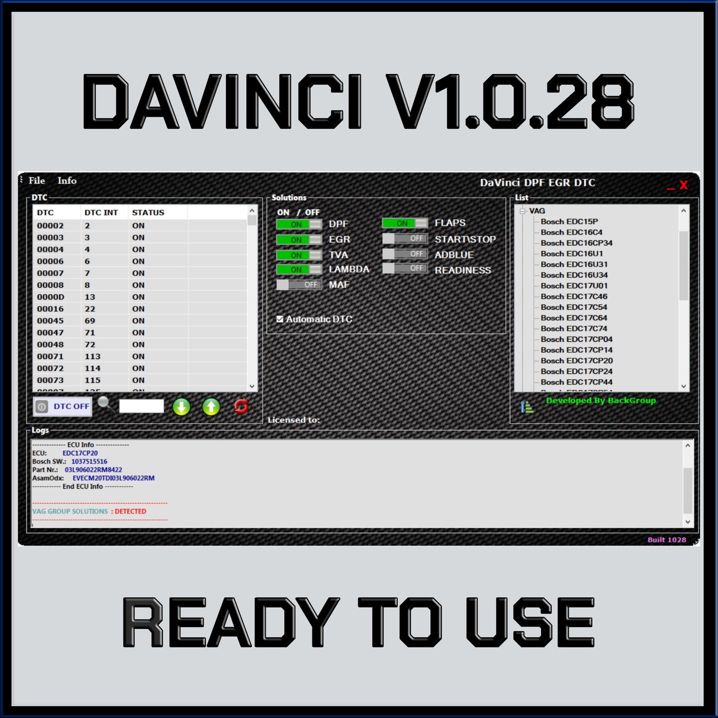 Davinci V1.0.28 Chiptuning Professionals And Remapping Specialists Software Removal Fap Egr Dtc Intake Flaps And Adblue