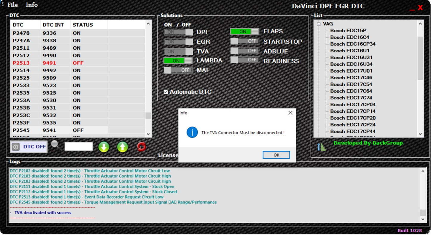 Davinci V1.0.28 Chiptuning Professionals And Remapping Specialists Software Removal Fap Egr Dtc Intake Flaps And Adblue