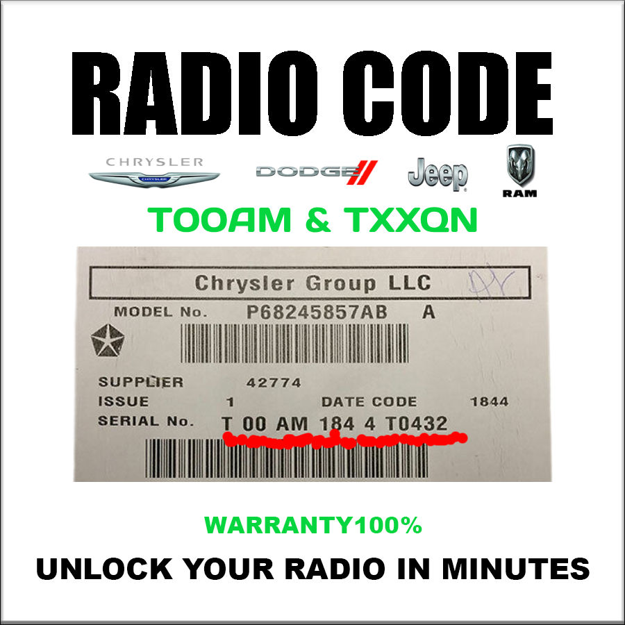 Jeep Dodge Unlock Radio Code Chrysler Ram T00AM & T.. QN Models Stereo Pincode Service