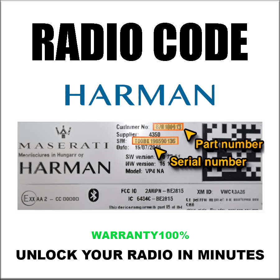 Harman Radio Code T00BE Series UCONNECT 8.4 VP4 U Alfa Romeo Fiat Jeep Chrysler Stereo Pincode Service