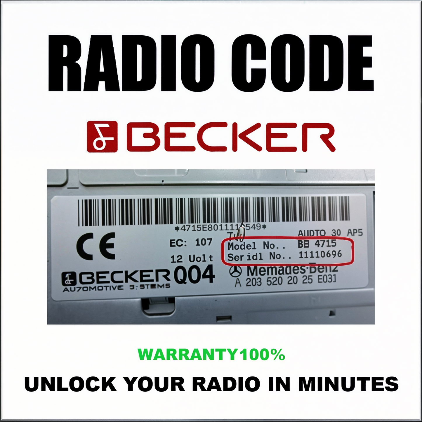 Becker Radio Code & Unlock Service for Harman Car Radios Mercedes, Porsche, Ferrari Stereo Pincode Solution Service