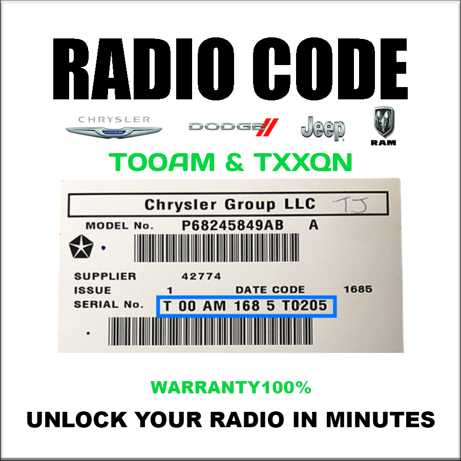 Jeep Dodge Unlock Radio Code Chrysler Ram T00AM & T.. QN Models Stereo Pincode Service