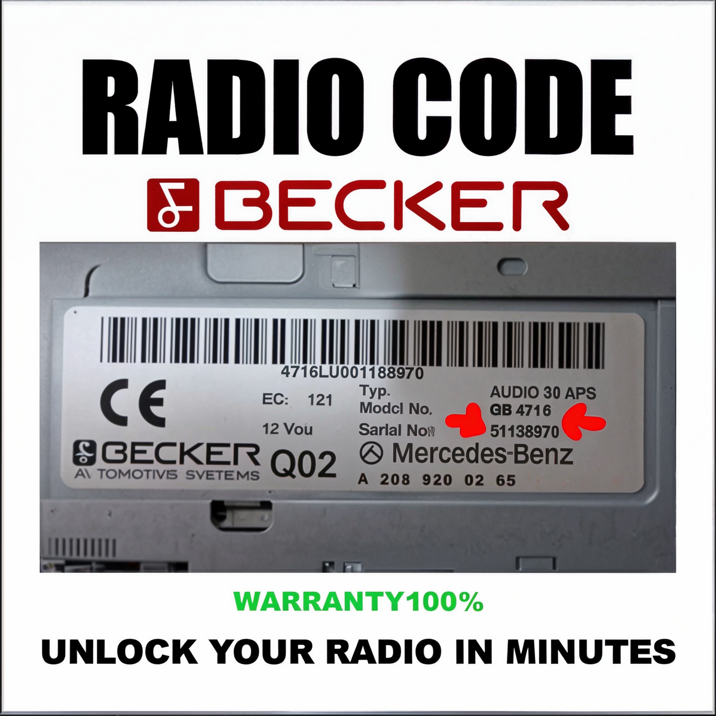 Becker Radio Code & Unlock Service for Harman Car Radios Mercedes, Porsche, Ferrari Stereo Pincode Solution Service