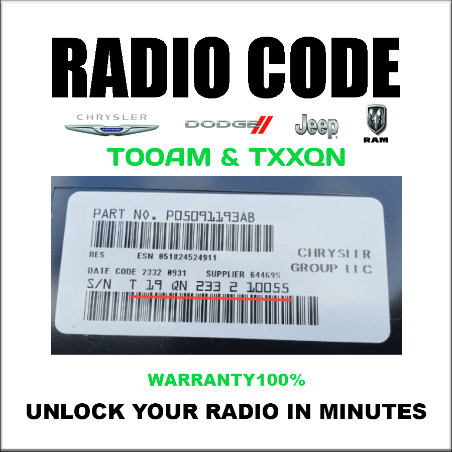 Jeep Dodge Unlock Radio Code Chrysler Ram T00AM & T.. QN Models Stereo Pincode Service