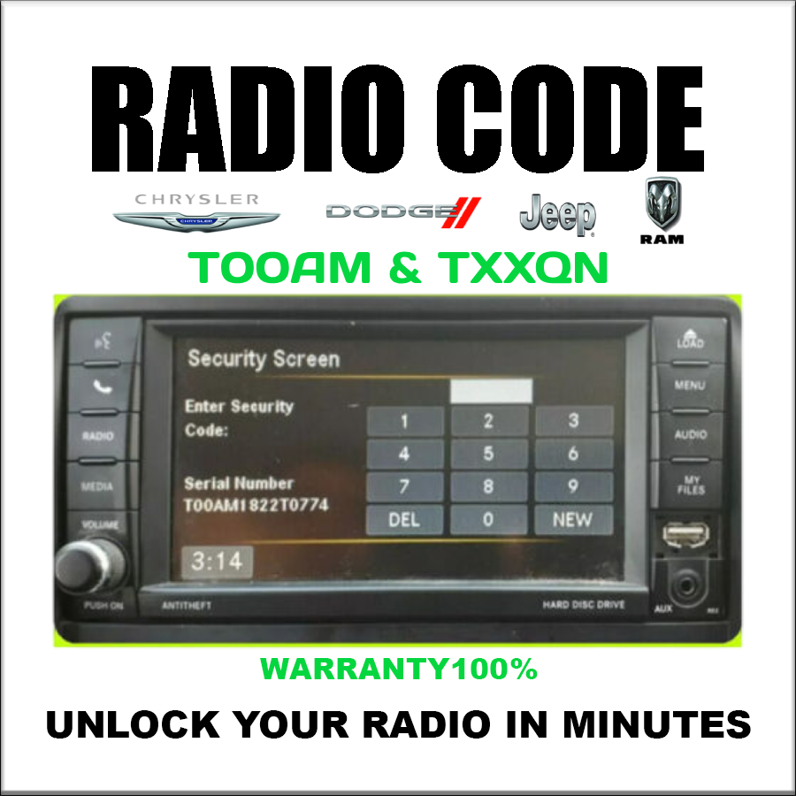 Jeep Dodge Unlock Radio Code Chrysler Ram T00AM & T.. QN Models Stereo Pincode Service