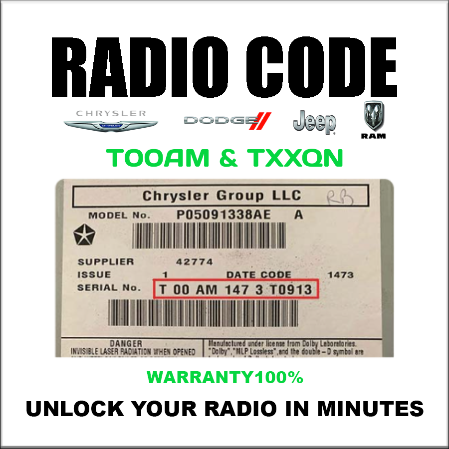 Jeep Dodge Unlock Radio Code Chrysler Ram T00AM & T.. QN Models Stereo Pincode Service