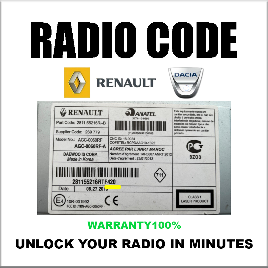 Renault Dacia Radio Codes Unlock Stereo Phillips Bosch Touch Series Touch Sat/Nav Pincode Service