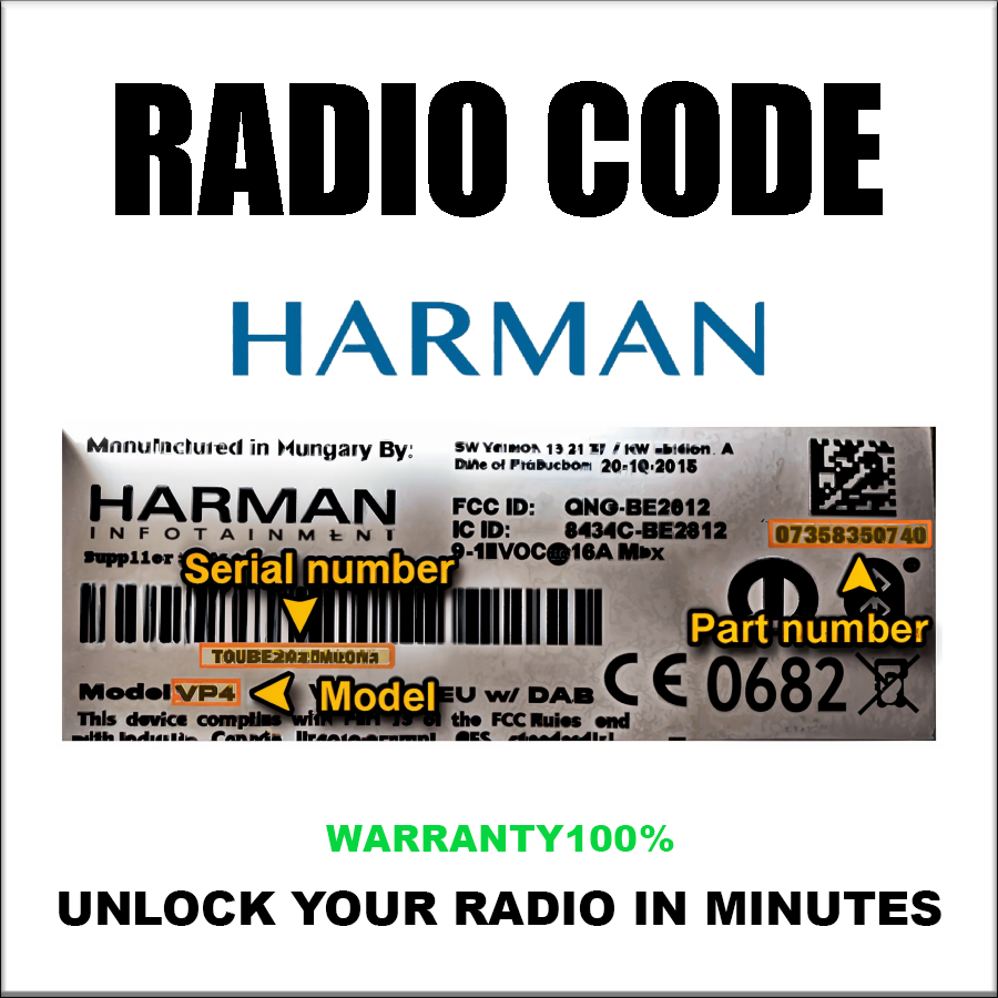 Harman Radio Code T00BE Series UCONNECT 8.4 VP4 U Alfa Romeo Fiat Jeep Chrysler Stereo Pincode Service