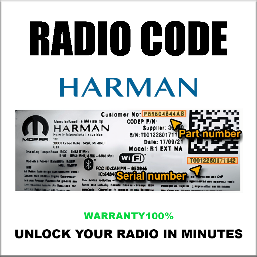 Harman Radio Code T00BE Series UCONNECT 8.4 VP4 U Alfa Romeo Fiat Jeep Chrysler Stereo Pincode Service