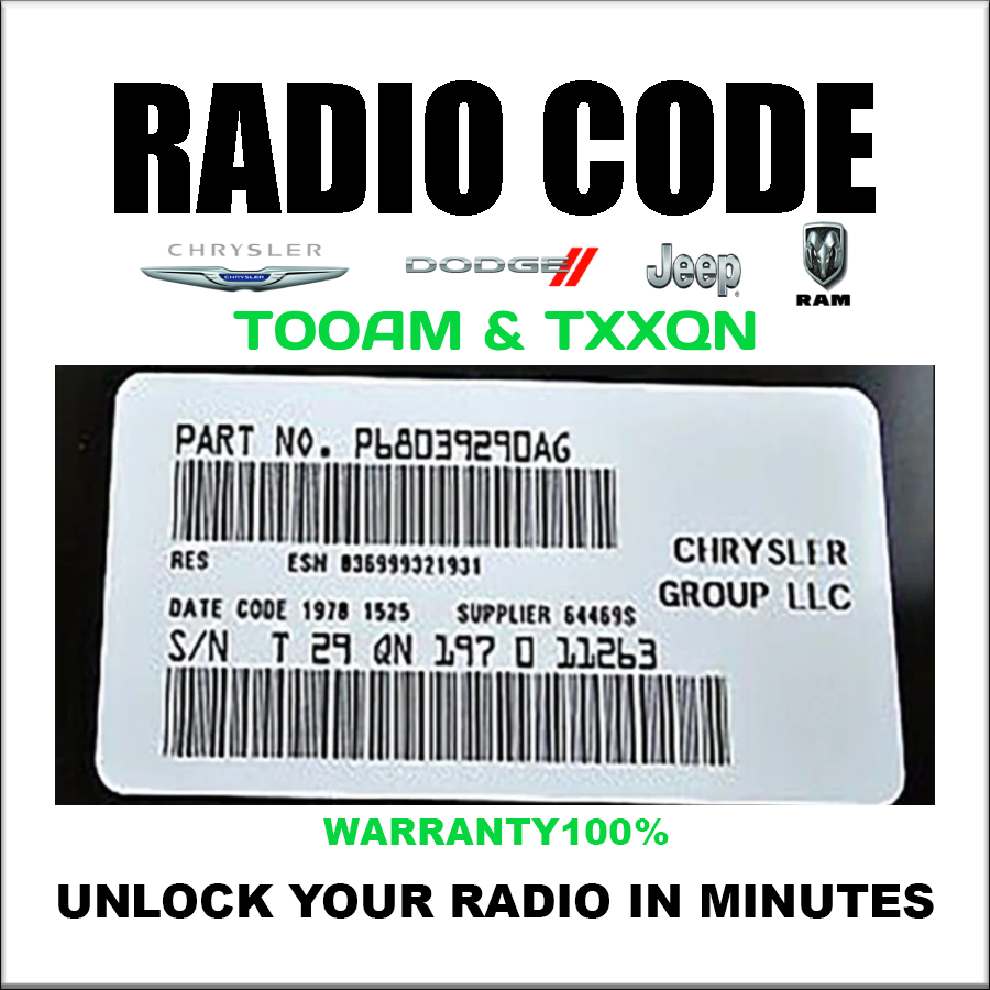 Jeep Dodge Unlock Radio Code Chrysler Ram T00AM & T.. QN Models Stereo Pincode Service