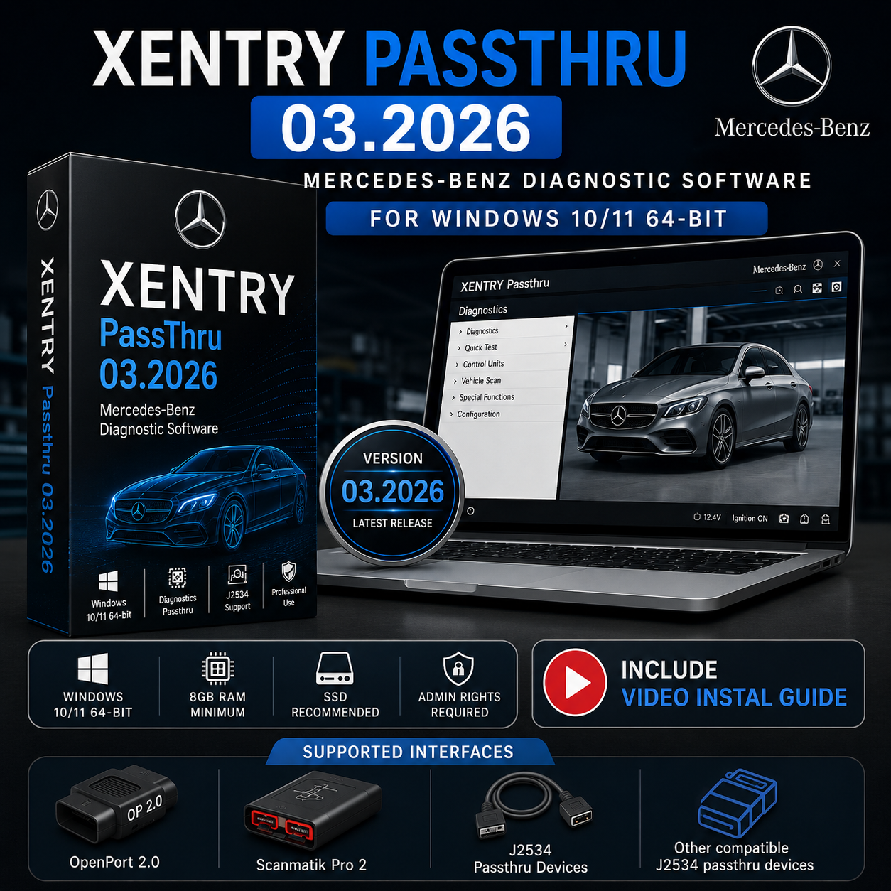 Mercedes-Benz Xentry Passthru 03.2026 Diagnostic Software | J2534 Support | Windows 10/11 64-bit